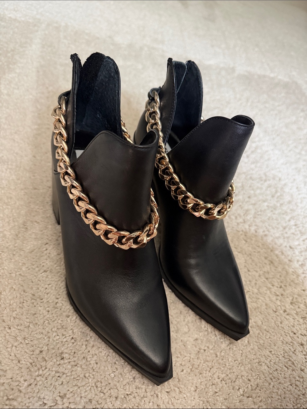 Steve Madden Black Leather Pointed Toe Heels with Gold Chain Accent